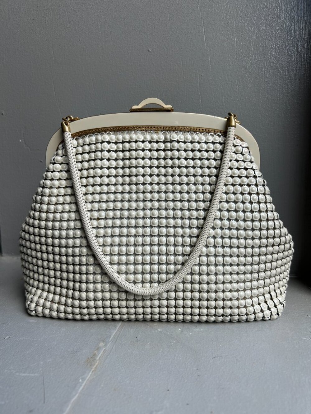 Vintage White Metal Mesh Enamel Bag Purse Made In West Germany